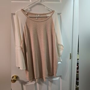 Cato Beige Knit Raglan Sleeve Top with Cream Sleeves